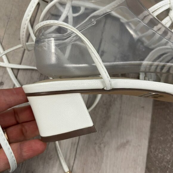 Lulu's Lace-up Strappy White Sandals Size 8.5 M Square Toe Low Block Heel - Picture 5 of 13